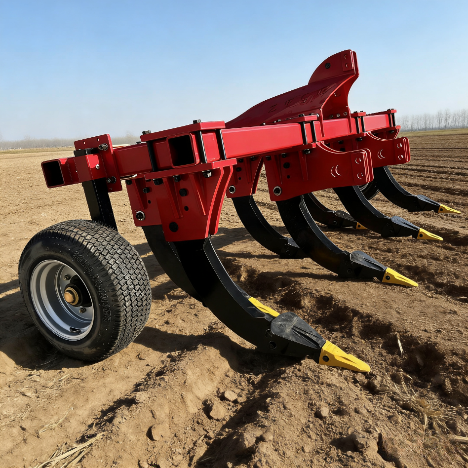 Extra-heavy-duty subsoiler with bucket teeth and tires